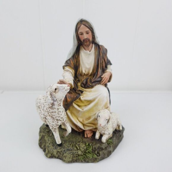 Jesus As The Good Shepherd With Two Sheep At His Feet - Picture 2 of 15